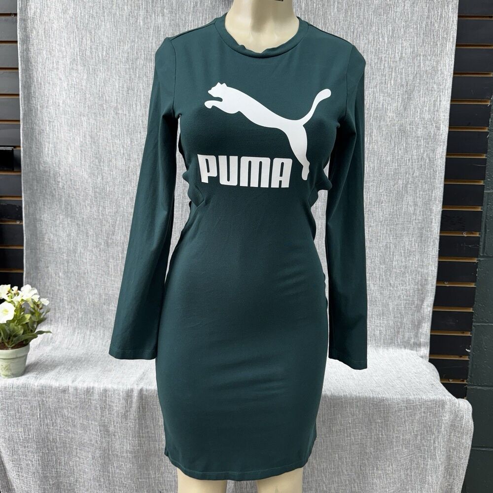 Womens Puma Classics Logo Bodycon Dress Green Cutout Side Size S [578057-30]